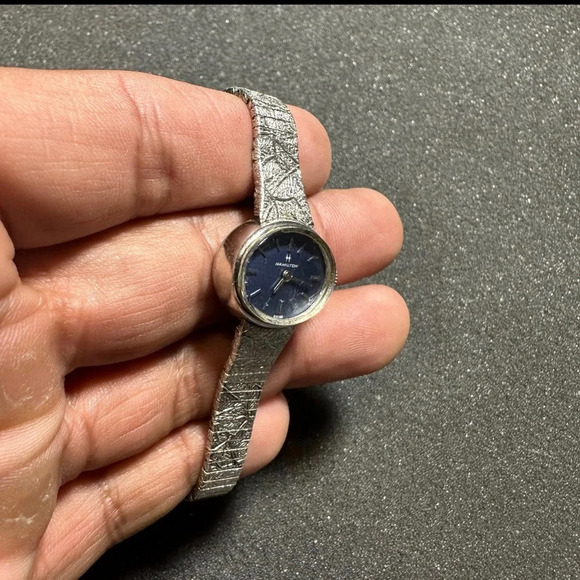 Vintage Hamilton Ladies Mechanical Wind Up Watch Silver Tone Blue Dial 10K R.G.P - Picture 3 of 9